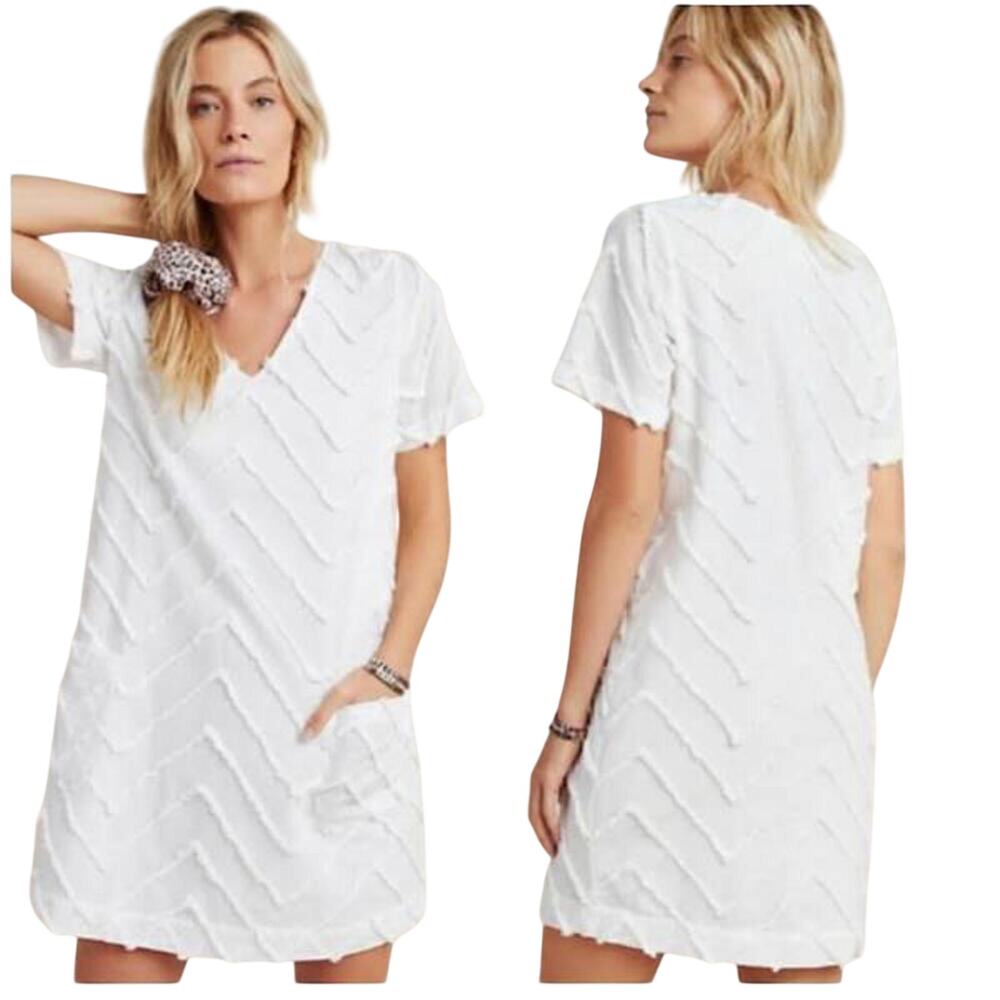 Anthropologie Porridge Marcella 100% Cotton White Textured Chevron Dress